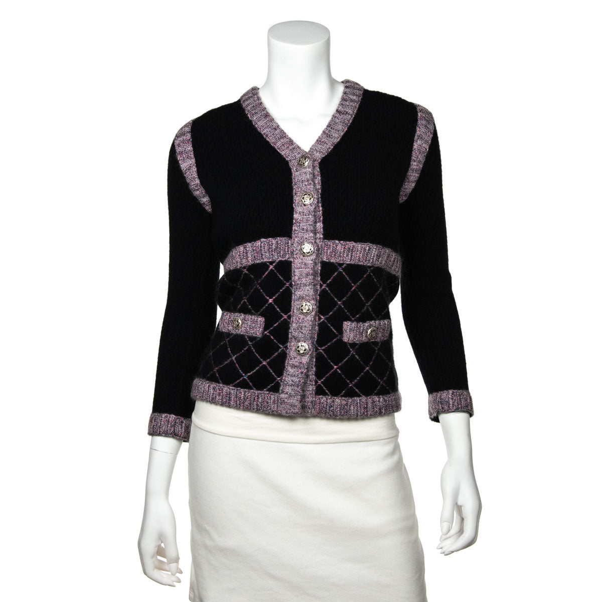 Chanel Black & Pink Silk & Cashmere Blend Brasserie Gabrielle Diamond Cardigan XXS | FR 34