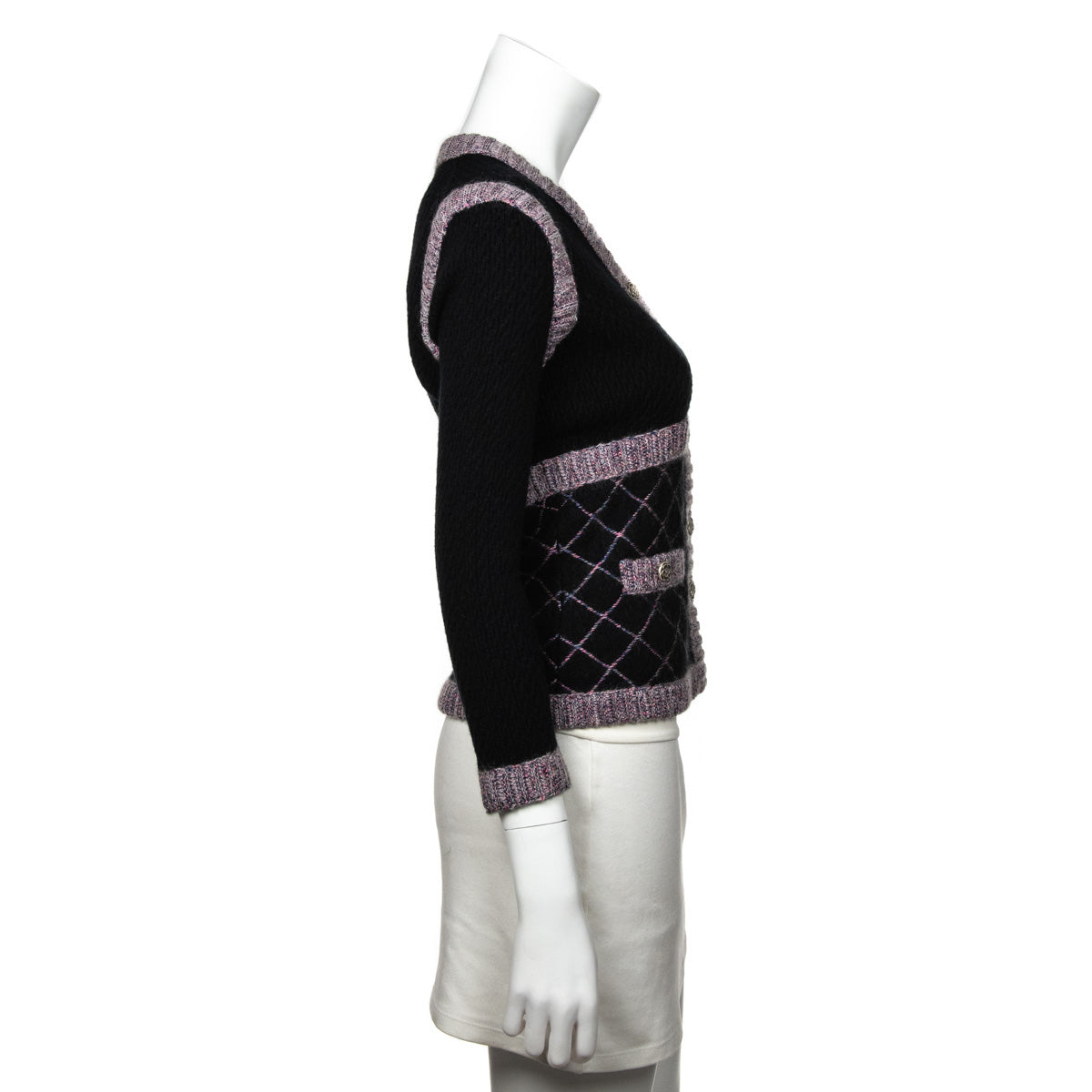 Chanel Black & Pink Silk & Cashmere Blend Brasserie Gabrielle Diamond Cardigan XXS | FR 34
