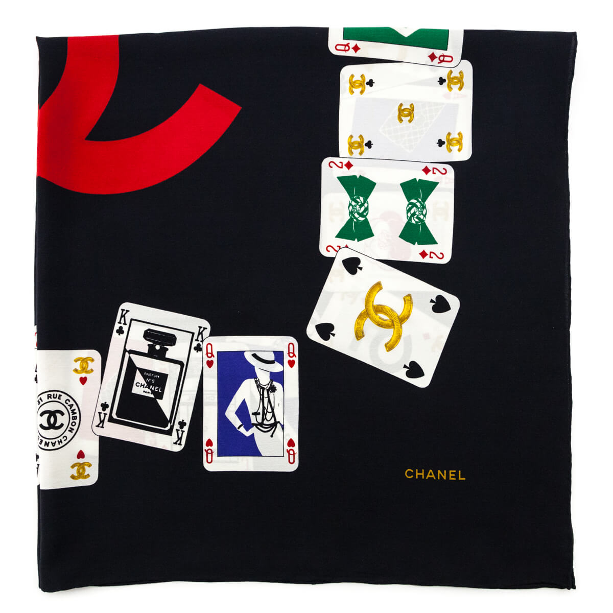 Chanel Black & Red CC Logo Symbol Cards Scarf