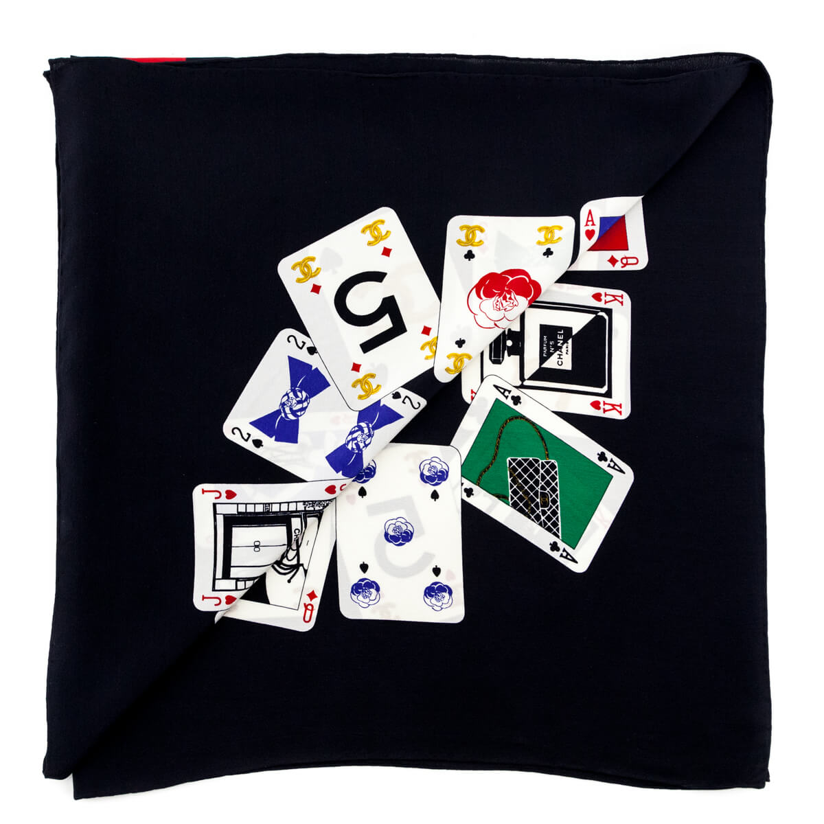 Chanel Black & Red CC Logo Symbol Cards Scarf