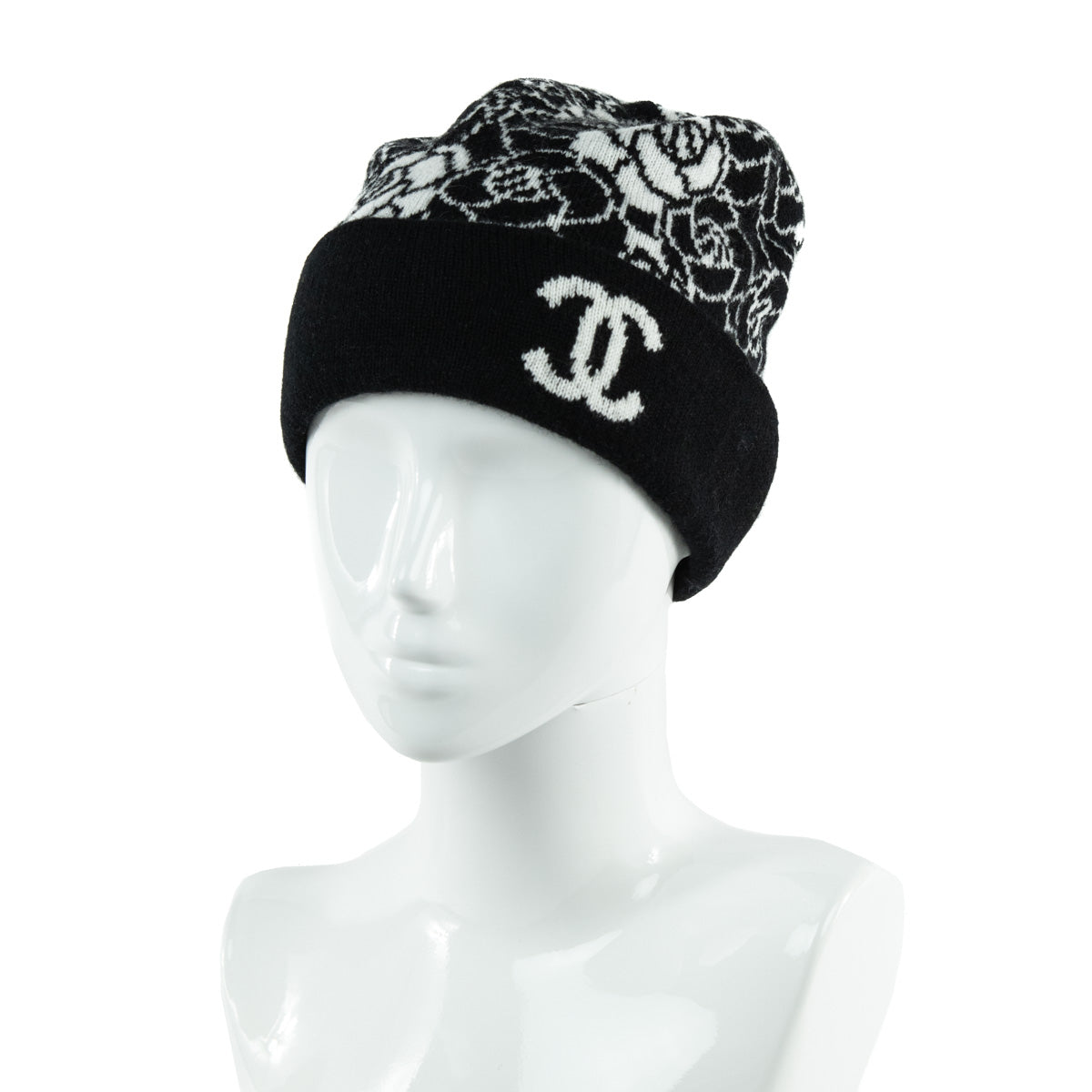 Chanel Black & White Cashmere Camellia Beanie