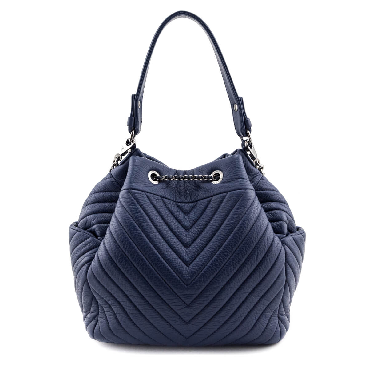 Chanel Blue Quilted Deerskin Chevron Medium Chain Bucket Bag