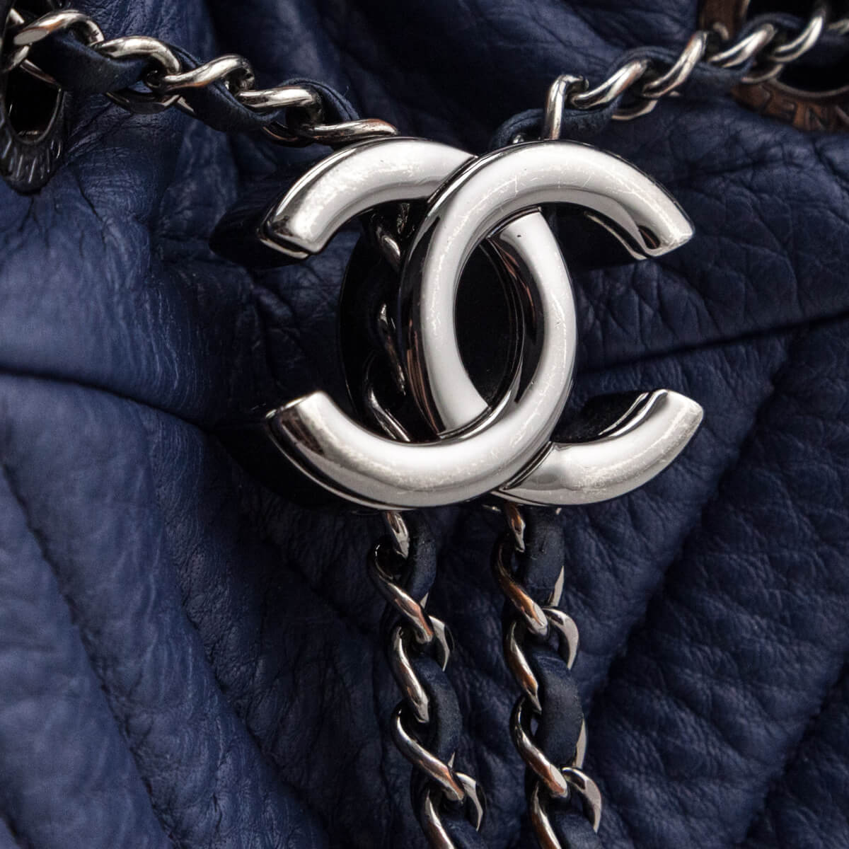 Chanel Blue Quilted Deerskin Chevron Medium Chain Bucket Bag