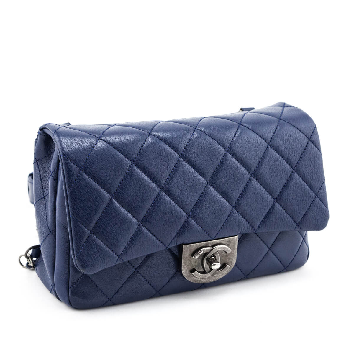 Chanel Blue Quilted Shiny Goatskin Small Double Carry Flap Bag
