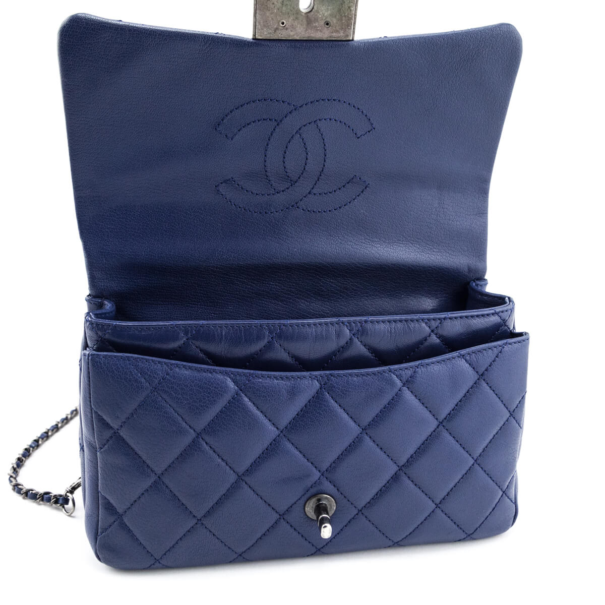 Chanel Blue Quilted Shiny Goatskin Small Double Carry Flap Bag