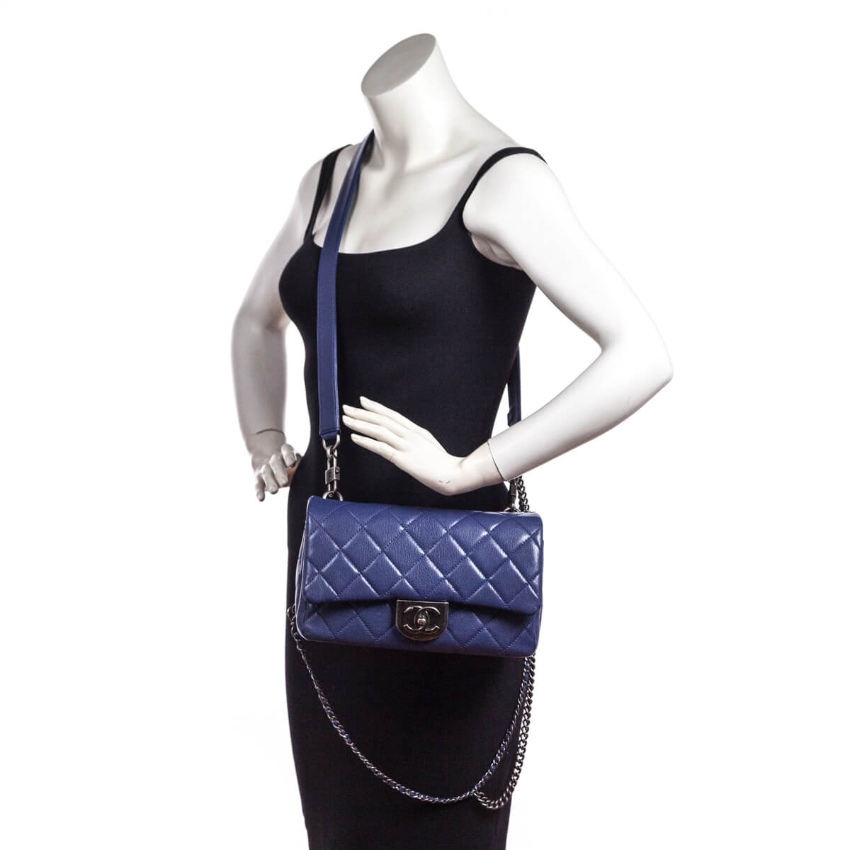 Chanel Blue Quilted Shiny Goatskin Small Double Carry Flap Bag