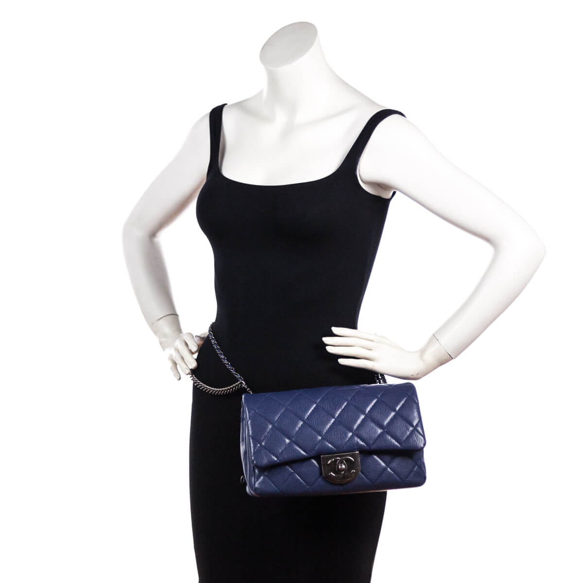 Chanel Blue Quilted Shiny Goatskin Small Double Carry Flap Bag