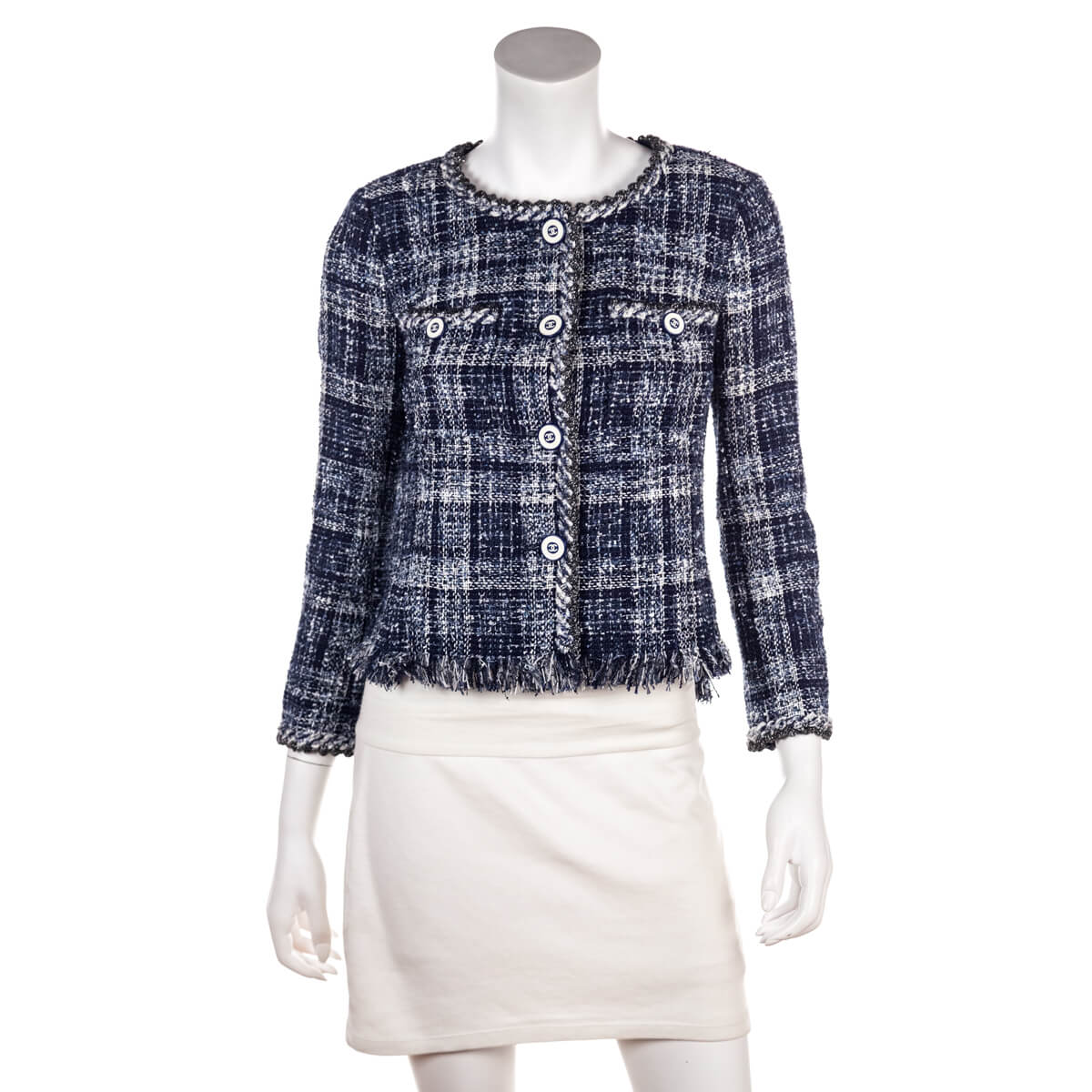 Chanel Blue Tweed Collarless Jacket Size XS | FR 36