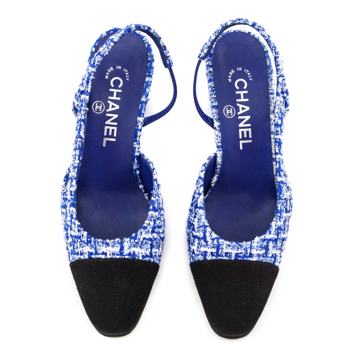 Chanel Blue & White Tweed CC Slingback Pumps Size US 6 | IT 36