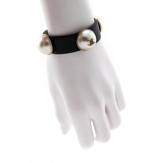 Chanel Faux Pearl & Black Leather Wrap Bracelet
