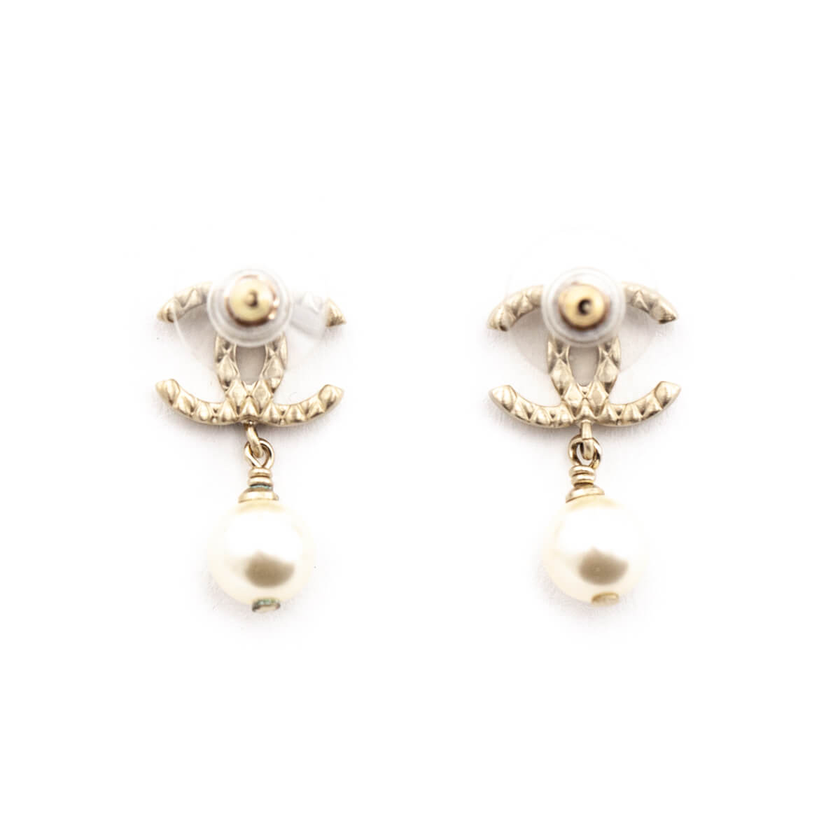 Chanel Gold Tone CC Faux Pearl Drop Earrings