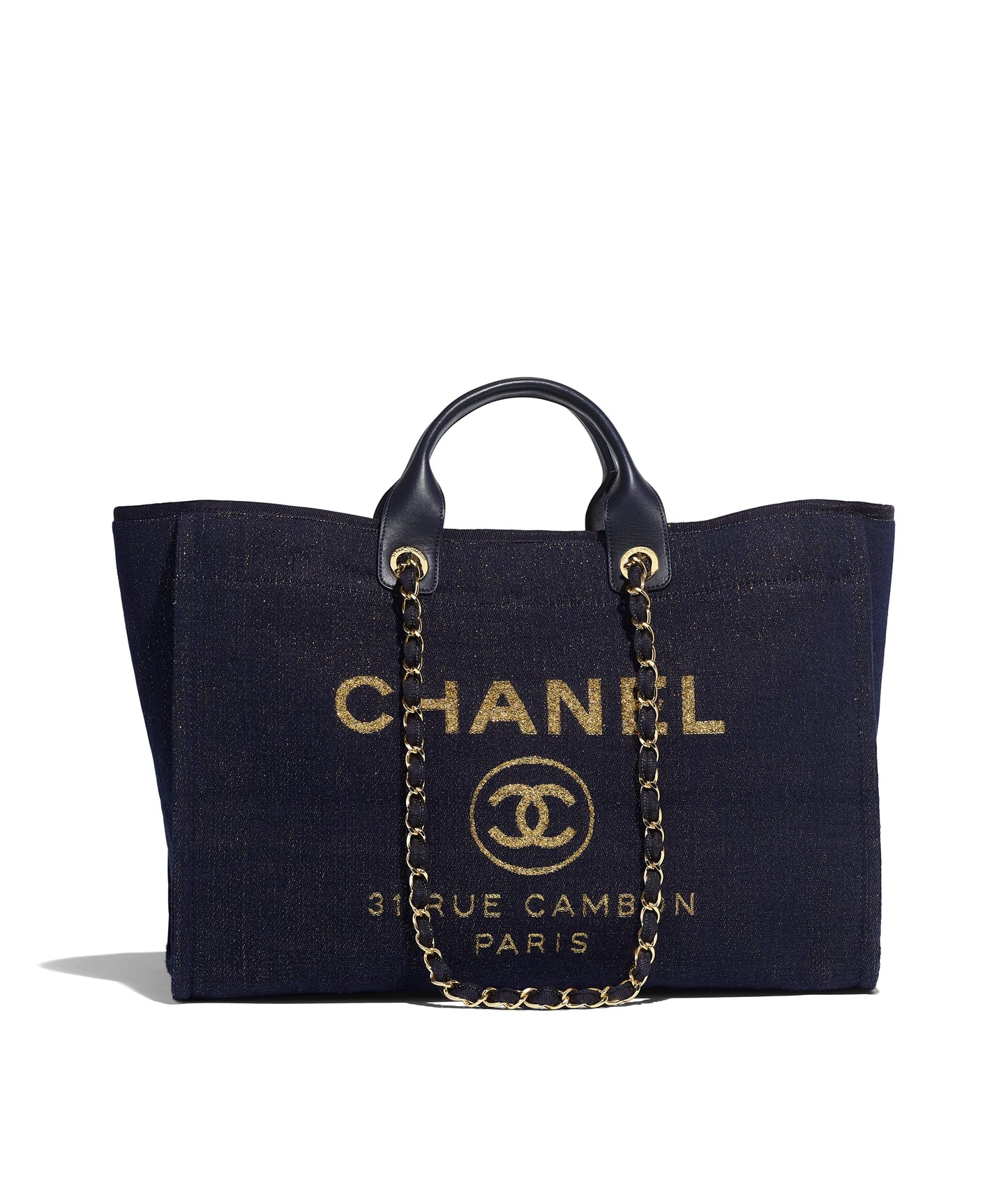 Chanel Large Denim Shopping Tote with Metallic Gold