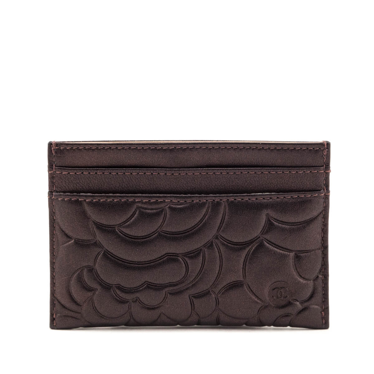 Chanel Metallic Dark Brown Camellia Embossed Lambskin Card Holder