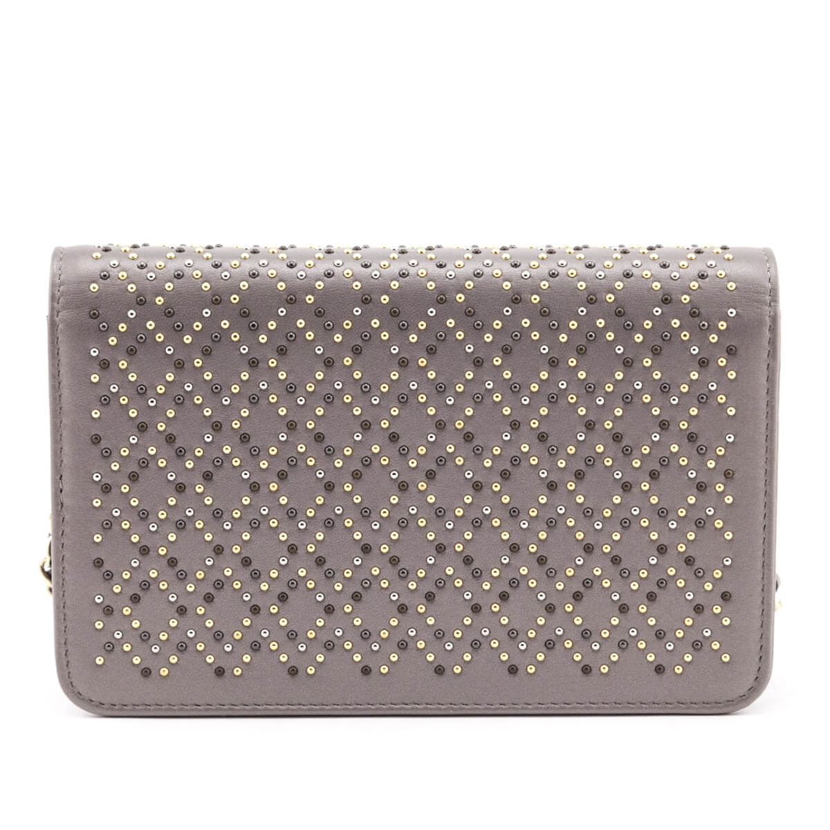 Chanel Metallic Gray Leather Studded Wallet on Chain Bag