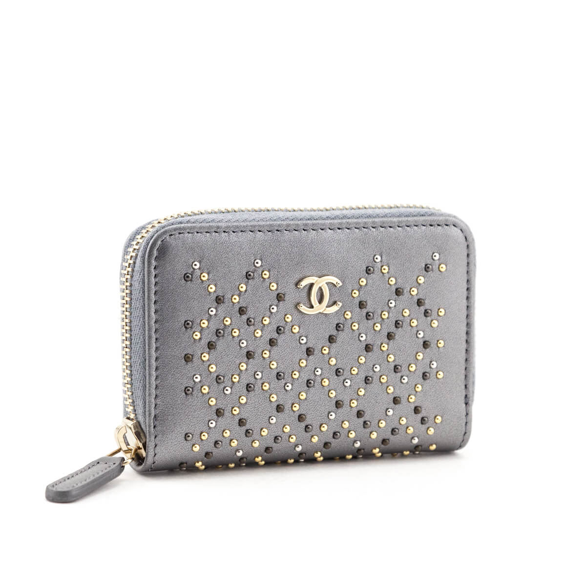 Chanel Metallic Gray Leather Studded Zip Coin Purse Wallet
