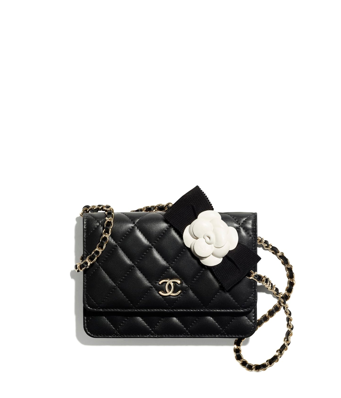 Chanel Lambskin Quilted Mini Camellia Bow Wallet On Chain Black