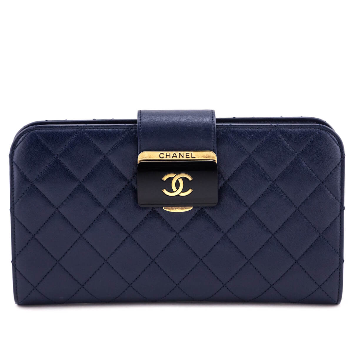 Chanel Navy Quilted Sheepskin Beauty Lock Clutch
