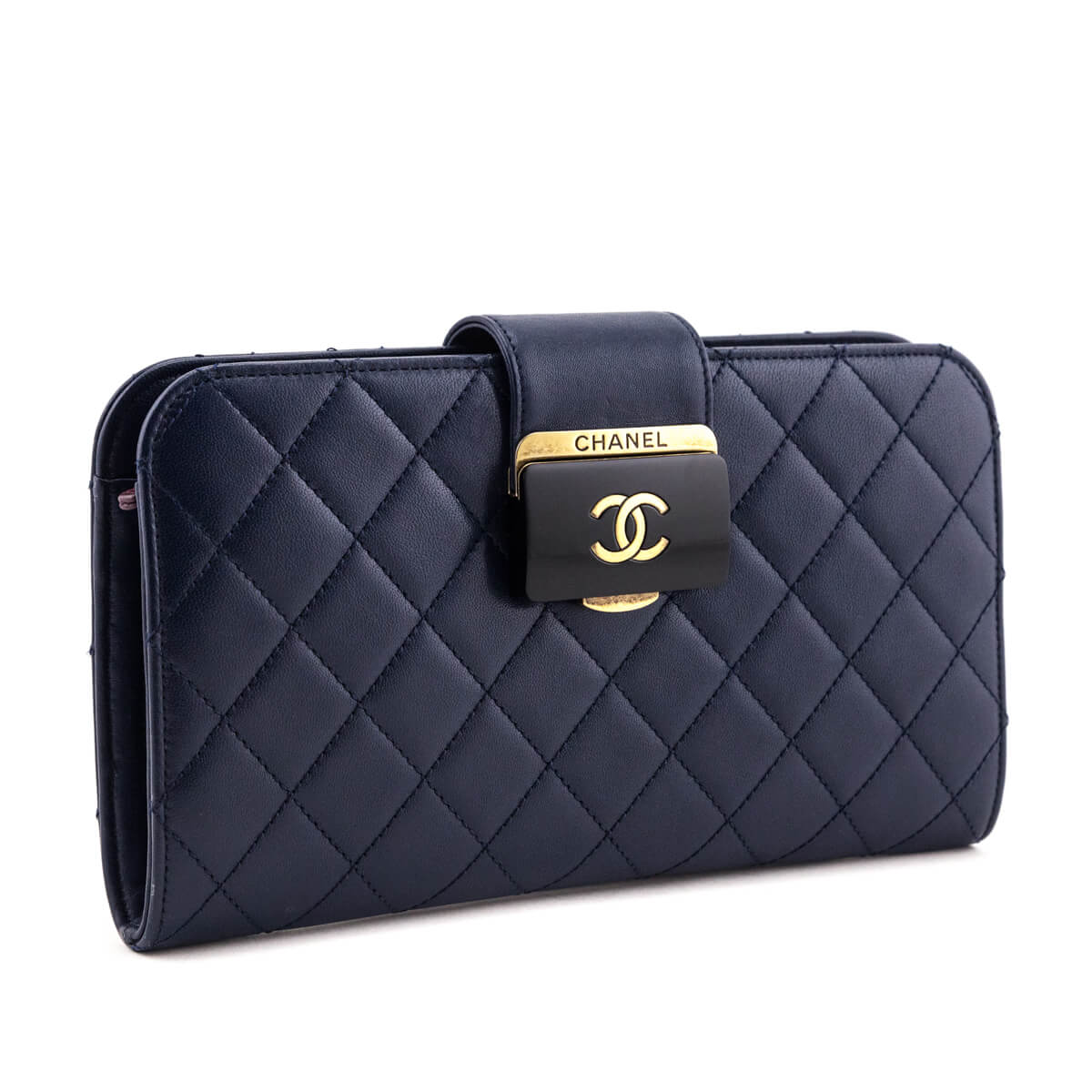 Chanel Navy Quilted Sheepskin Beauty Lock Clutch