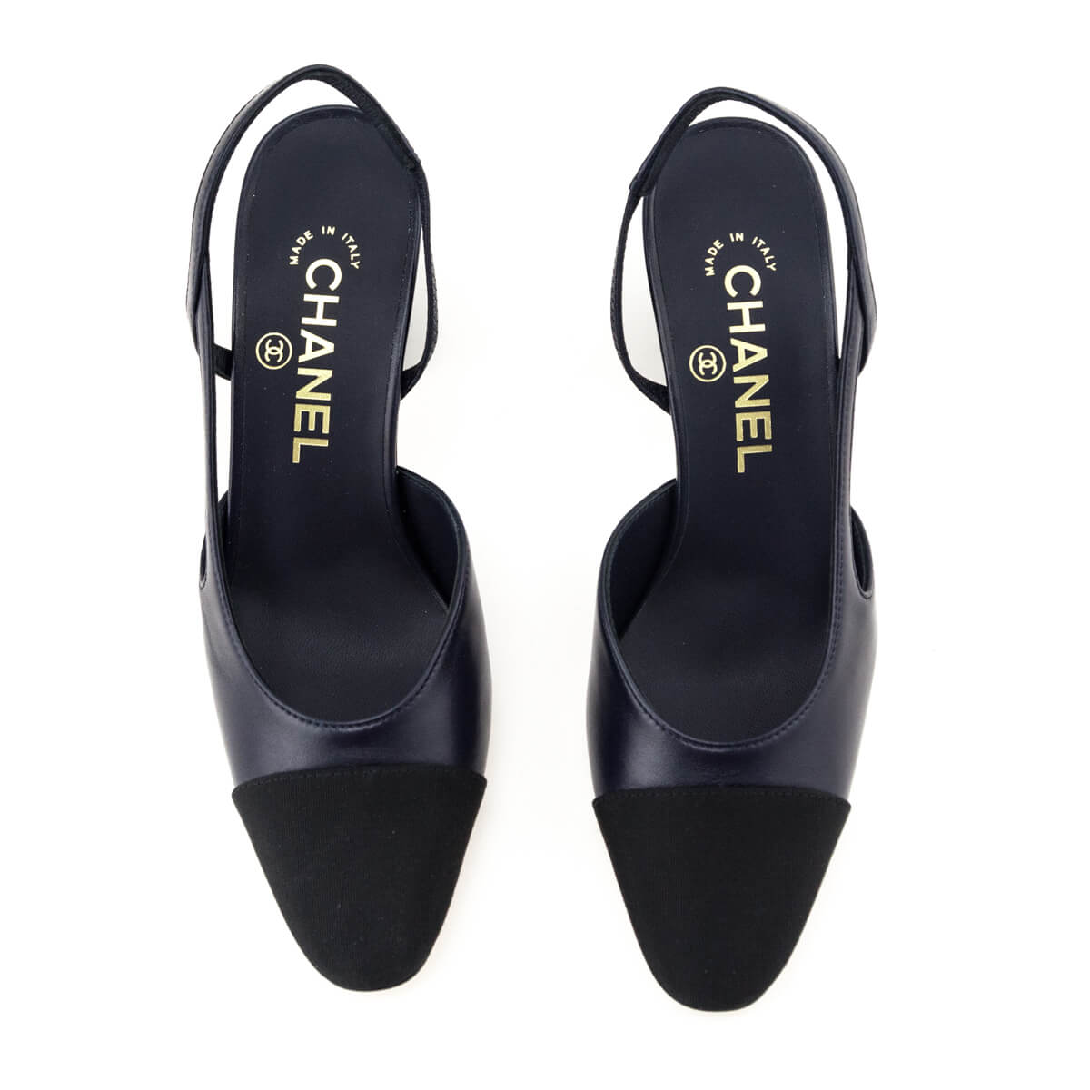 Chanel Navy Leather & Black Cap Toe CC Slingback Pumps Size US 6 | EU 36