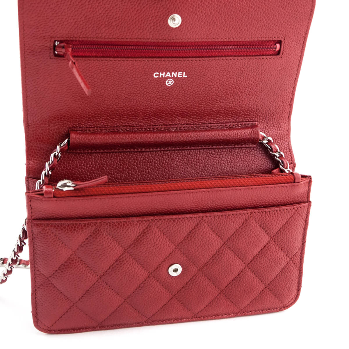 Chanel Red Quilted Caviar Classic Wallet On Chain