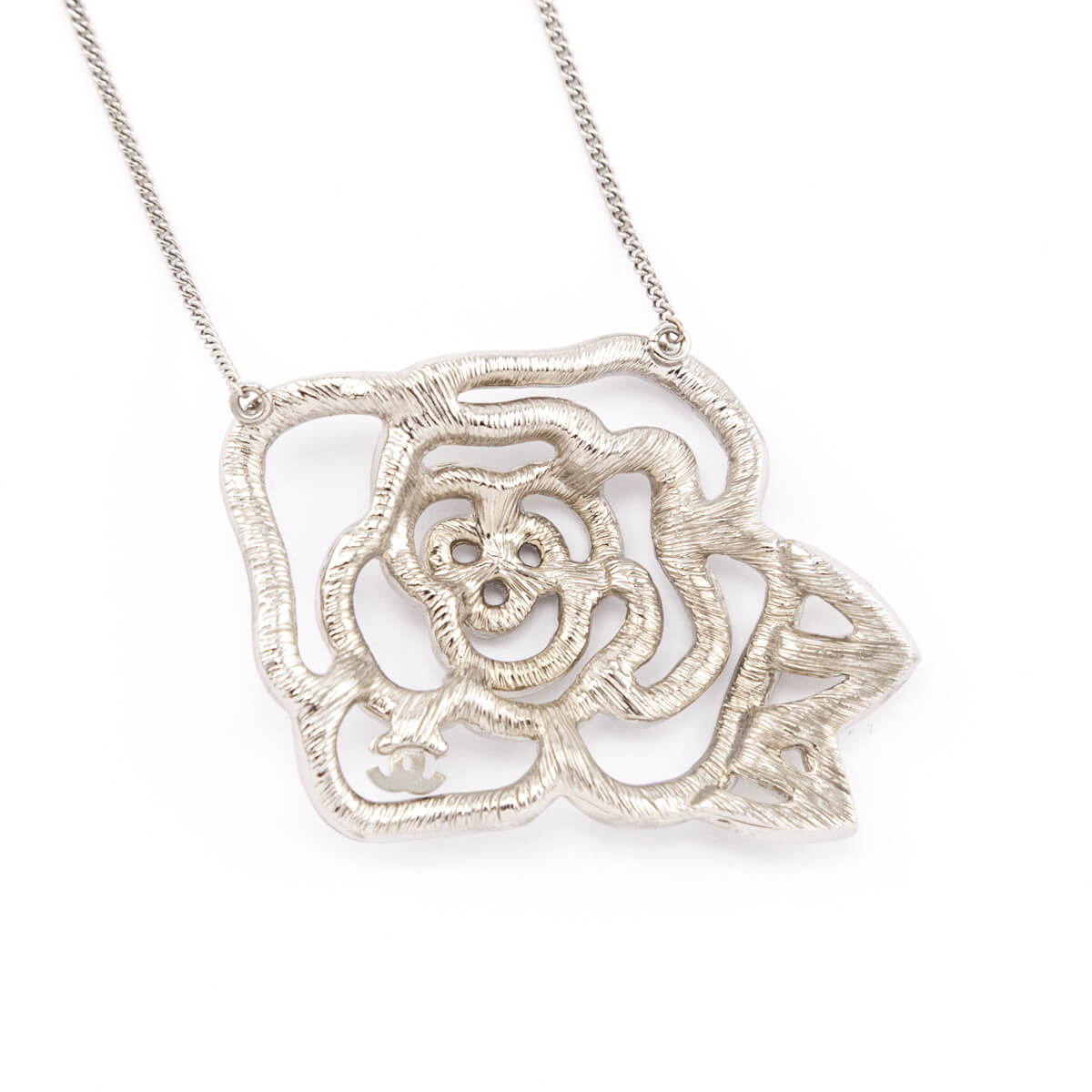 Chanel Silver Crystal Camellia Pendant Necklace