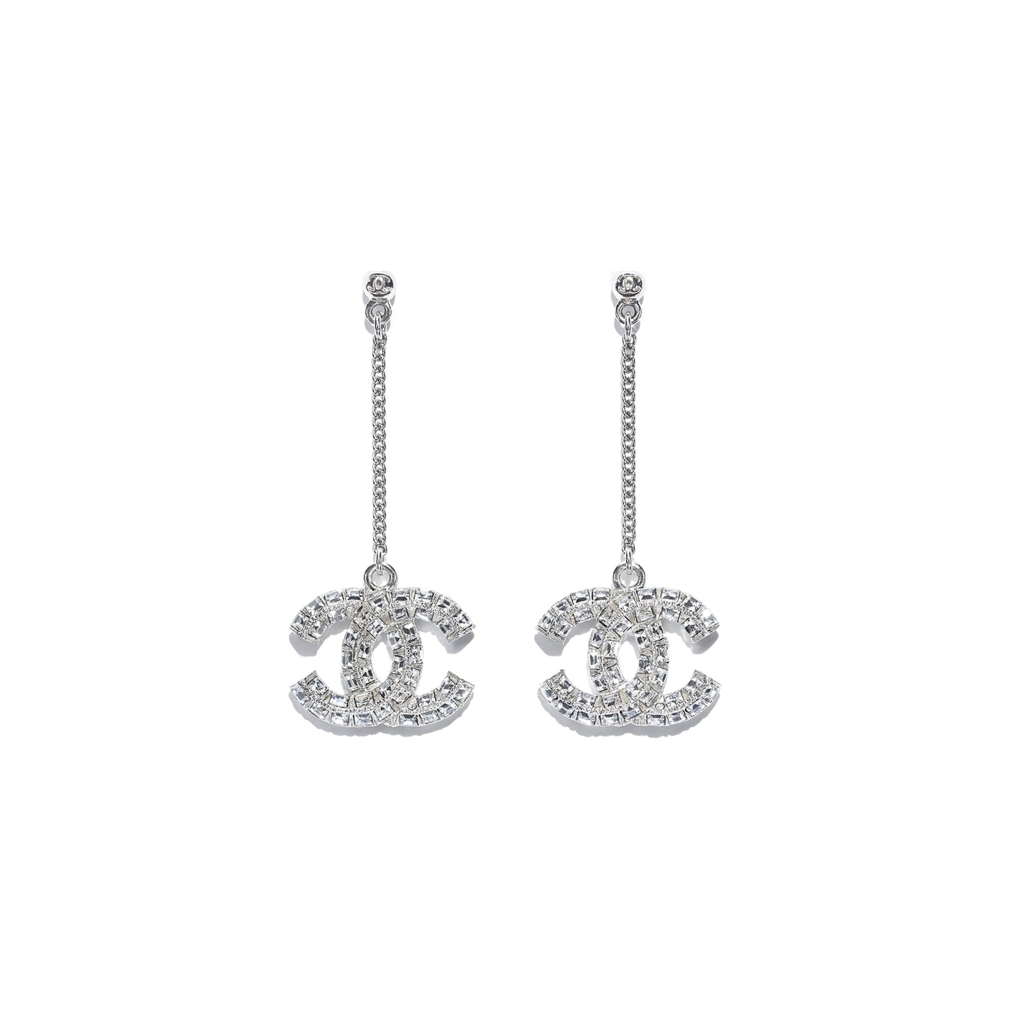 Chanel Silver Metal and Crystal Strass Dangling CC Earrings