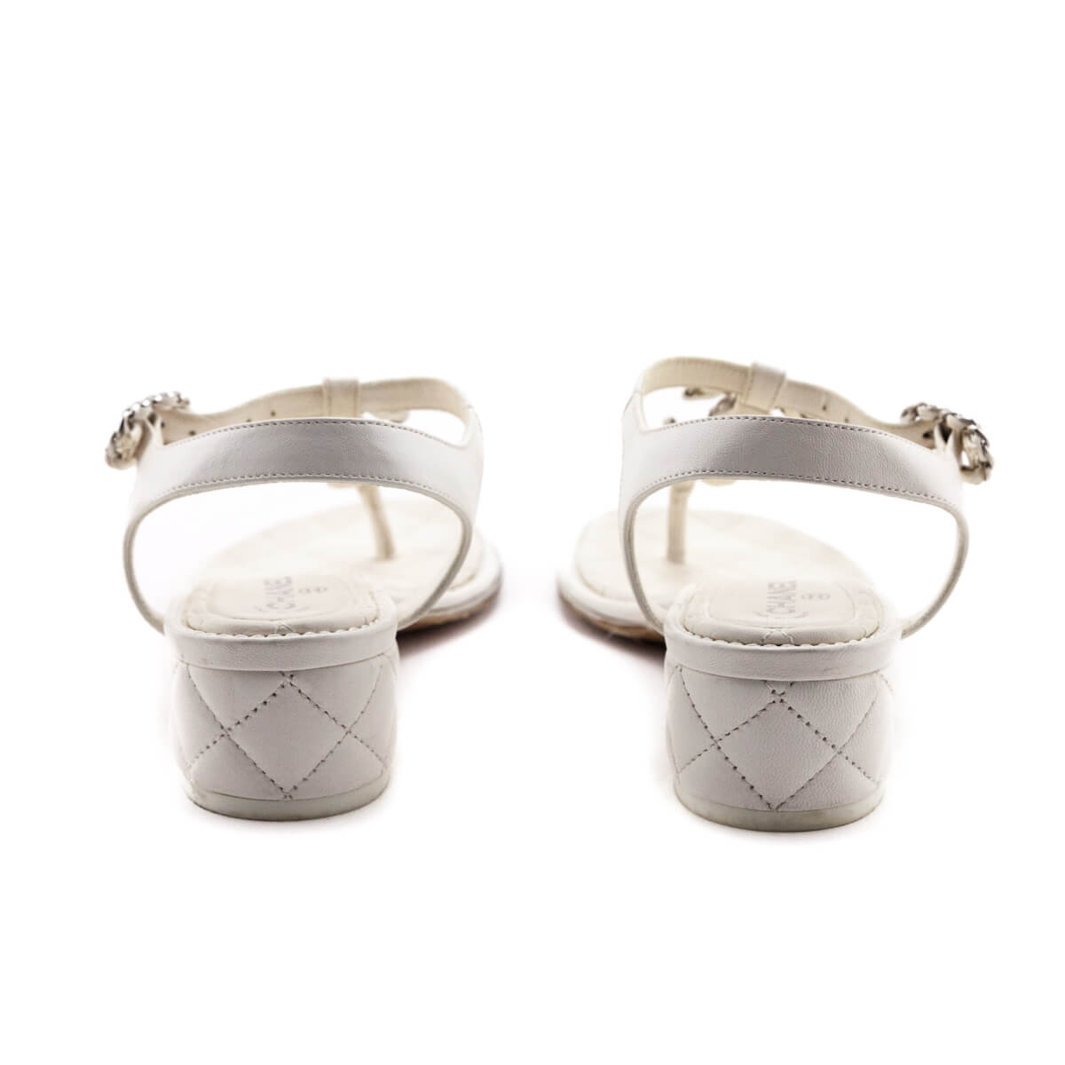 Chanel White Quilted Chain CC T-Strap Sandals Size US 6.5 | EU 36.5