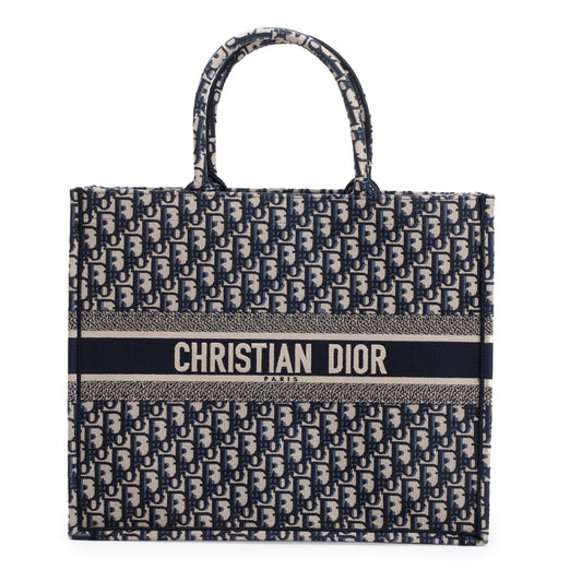 Christian Dior 2021 Ecru and Blue Dior Oblique Embroidery Large Book Tote