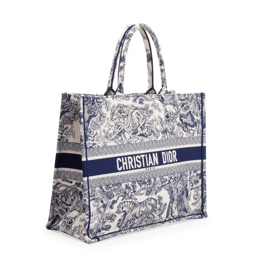 Christian Dior 2021 Large Ecru and Blue Toile de Jouy  Embroidery Canvas Book Tote
