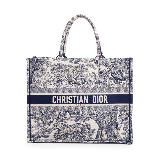 Christian Dior 2021 Large Ecru and Blue Toile de Jouy  Embroidery Canvas Book Tote