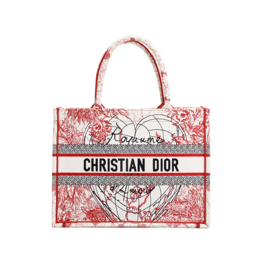 Christian Dior 2021 Red & White Royaume d'Amour Embroidery Medium Book Tote