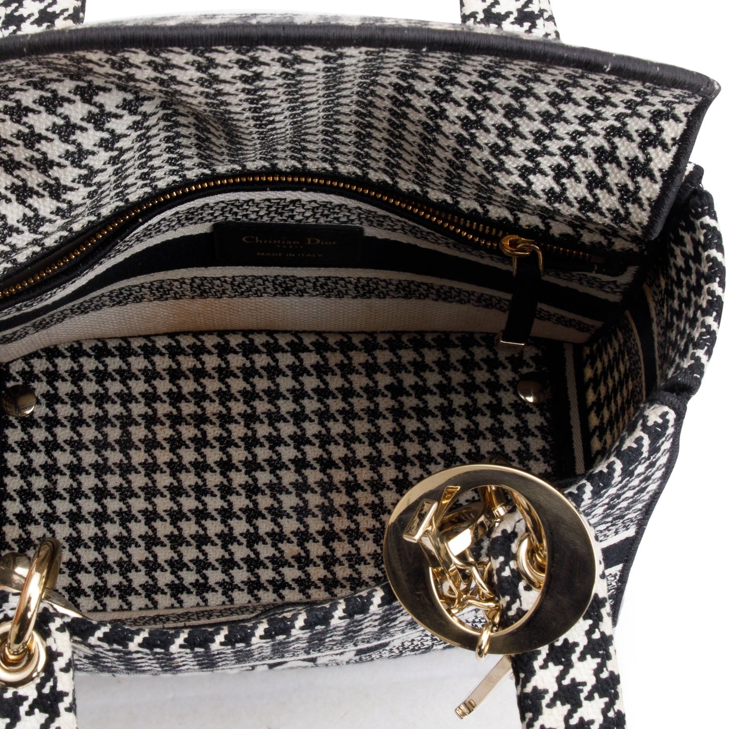 Christian Dior 2022 Black/White Houndstooth Embroidered Medium Lady D-Lite Bag