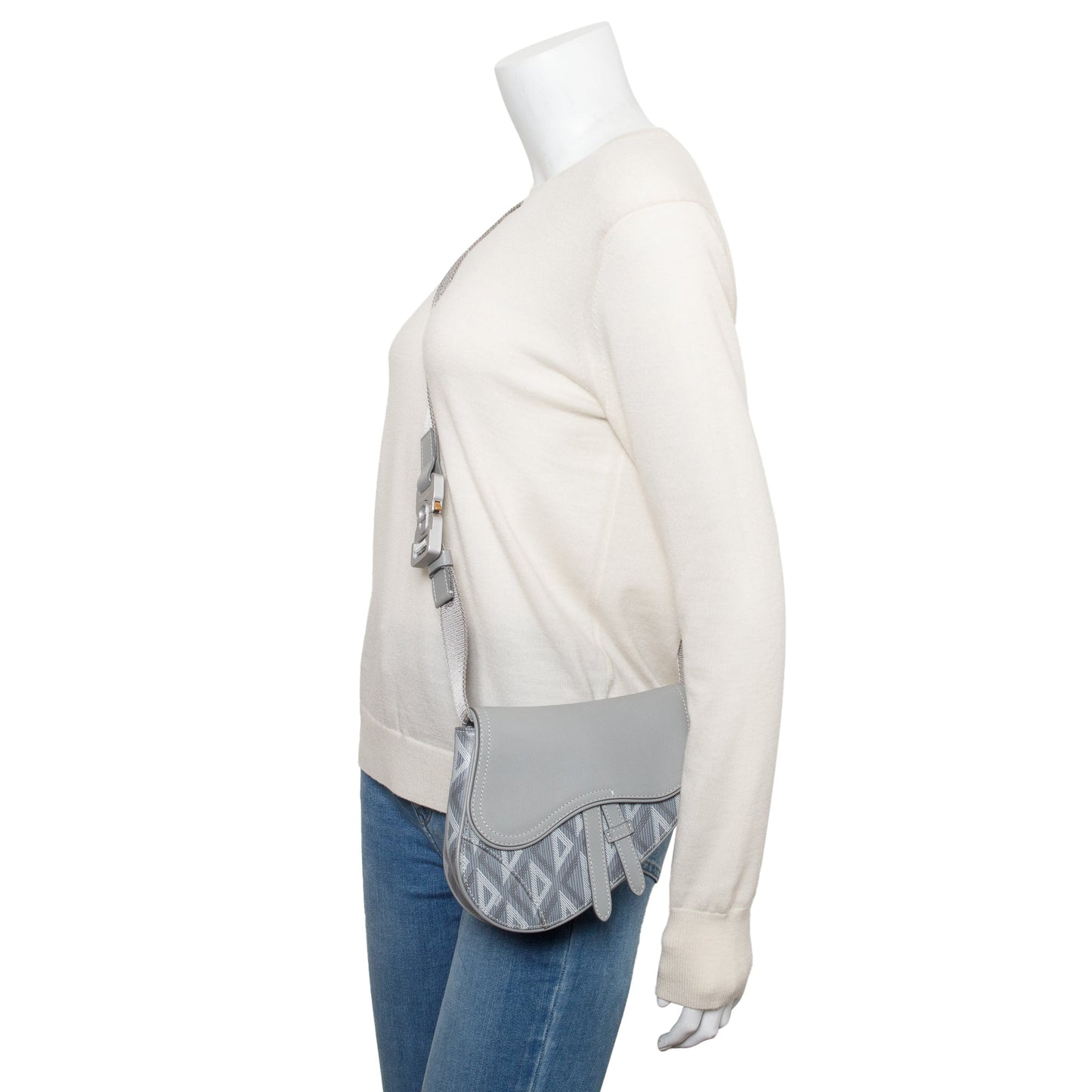 Christian Dior 2022 Grey Calfskin Leather CD Diamond Coated Canvas Mini Saddle Crossbody Bag