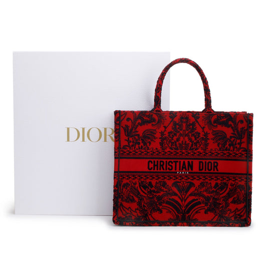 Christian Dior 2022 Large Red and Black Toile de Jouy Embroidery Canvas Book Tote