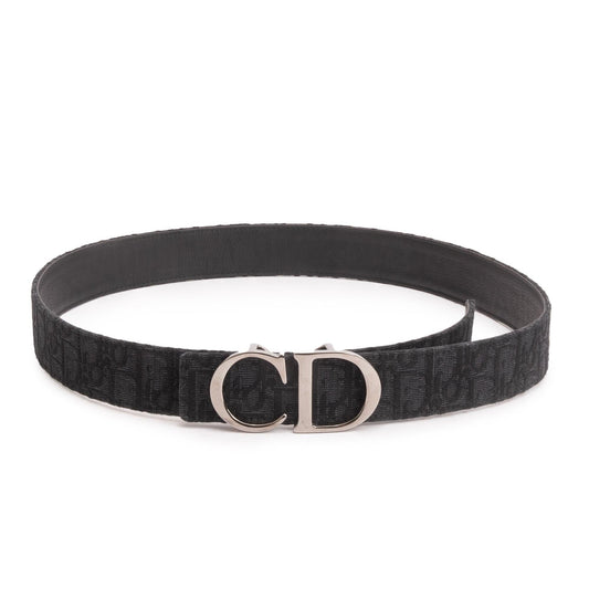 Christian Dior 2023 Black Oblique Galaxy & Calf Leather Reversible Belt with 'CD Icon' Buckle