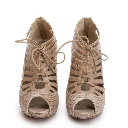 Christian Dior Beige Python Embossed Leather Lace-Up Peep-Toe Pumps, Size 36