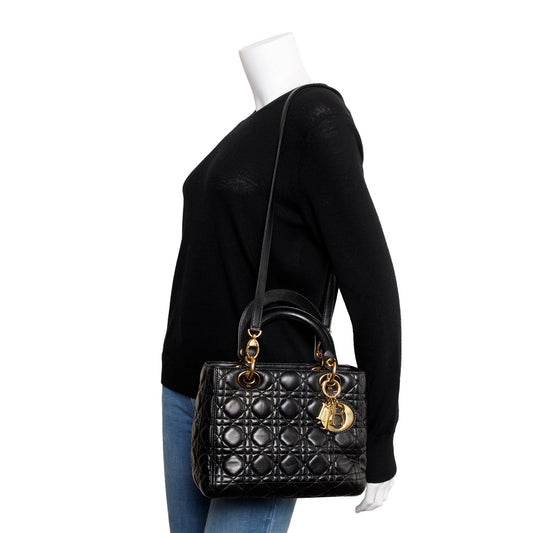 Christian Dior Black Cannage Lambskin Leather Medium Lady Dior Bag