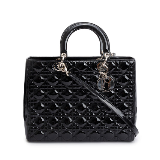 Christian Dior Black Cannage Patent Leather Large Lady Dior Bag