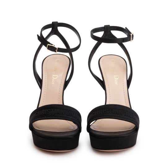 Christian Dior Black Embroidered Satin Lambskin Leather Dway Heeled Sandals, Size 37