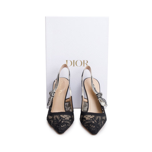 Christian Dior Black Mesh Chardons Embroidery J'Adior Slingback Pumps, Size 37