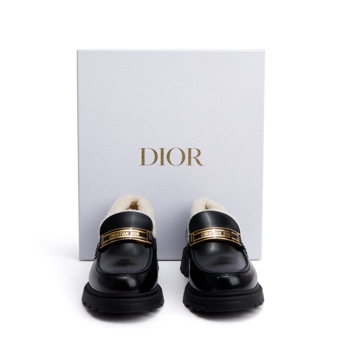 Christian Dior Black Smooth Calfskin Leather White Shearling Boy Loafers, Size 39