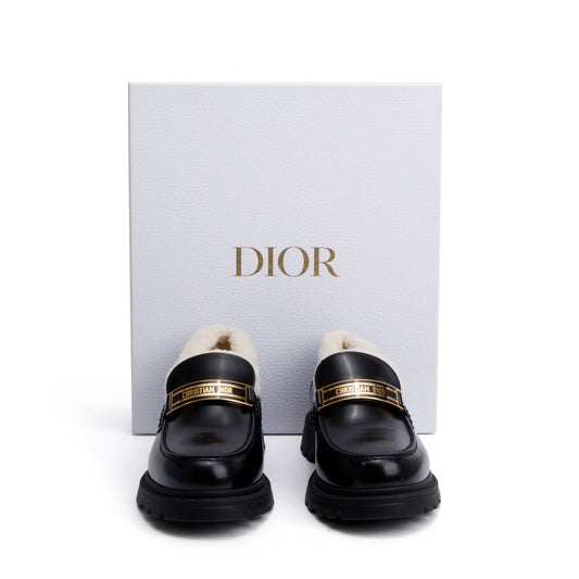 Christian Dior Black Smooth Calfskin Leather White Shearling Boy Loafers, Size 39