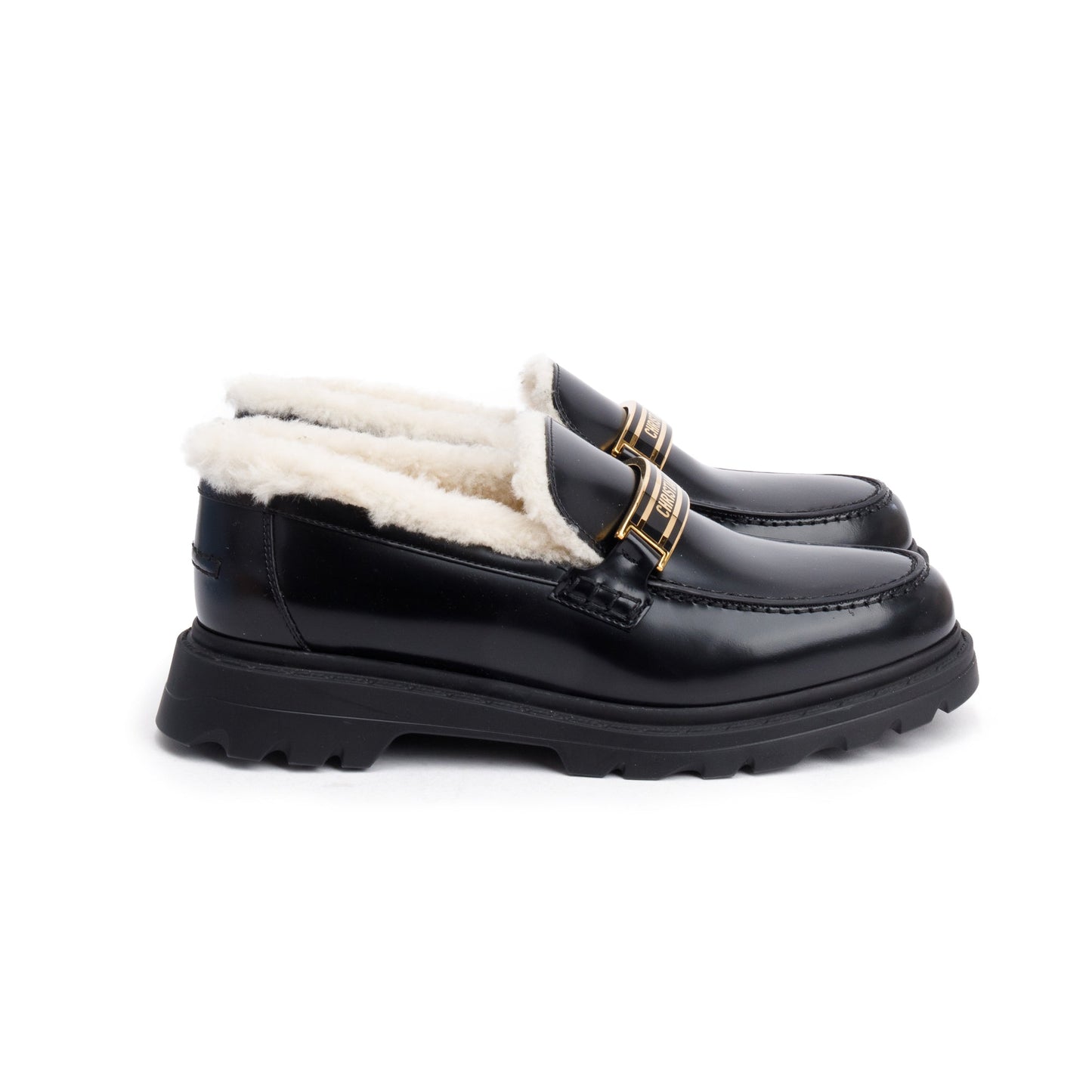 Christian Dior Black Smooth Calfskin Leather White Shearling Boy Loafers, Size 39