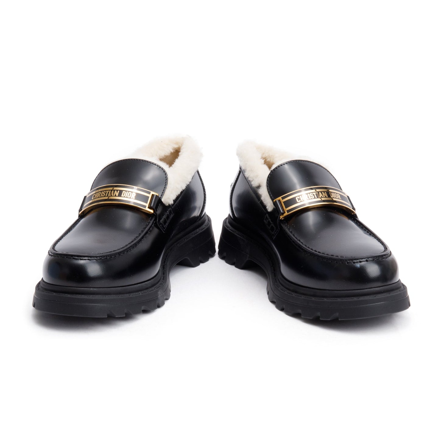 Christian Dior Black Smooth Calfskin Leather White Shearling Boy Loafers, Size 39