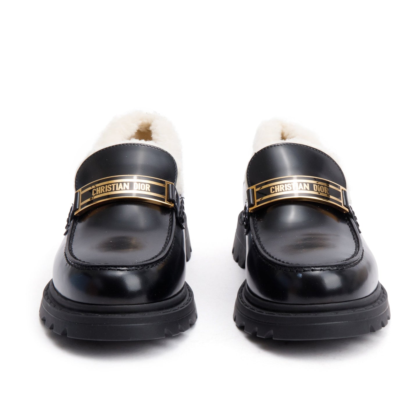 Christian Dior Black Smooth Calfskin Leather White Shearling Boy Loafers, Size 39