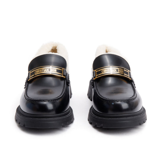 Christian Dior Black Smooth Calfskin Leather White Shearling Boy Loafers, Size 39