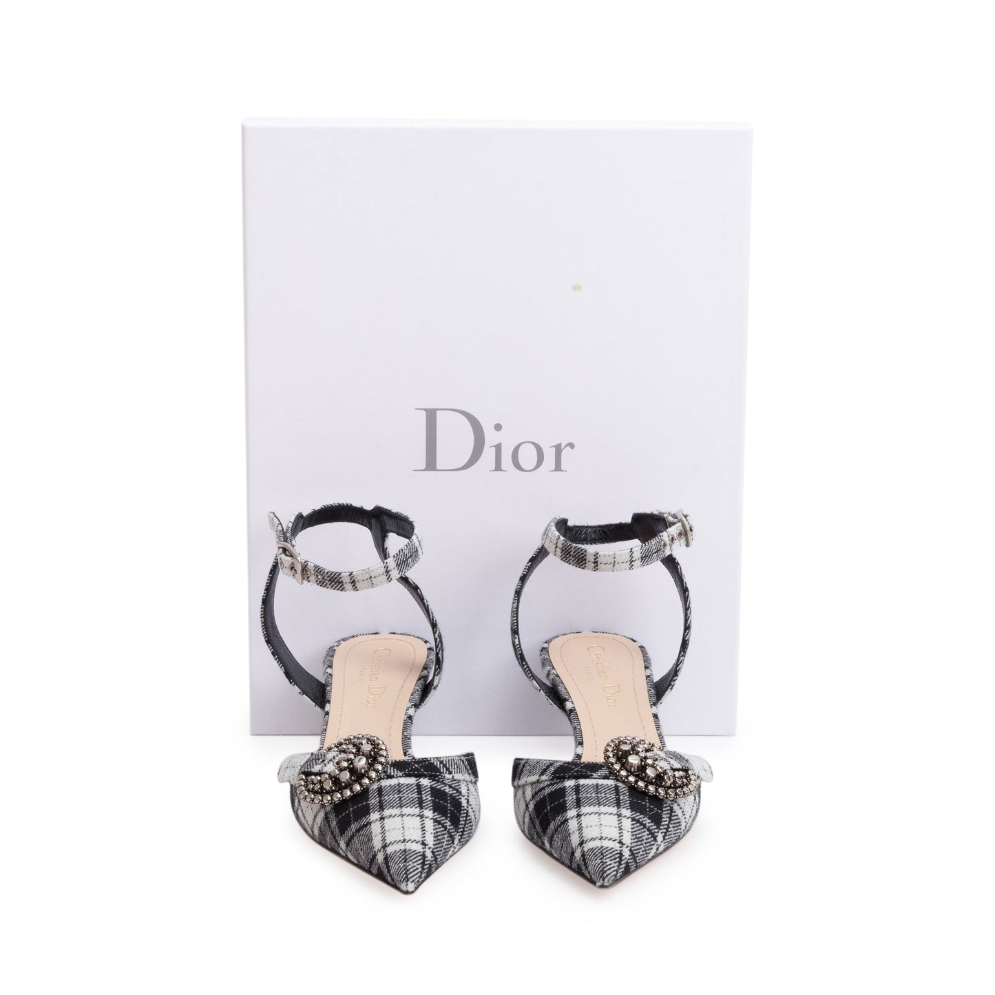 Christian Dior Black/White Tartan Fabric Dior Gang Slingback Pumps, Size 36.5