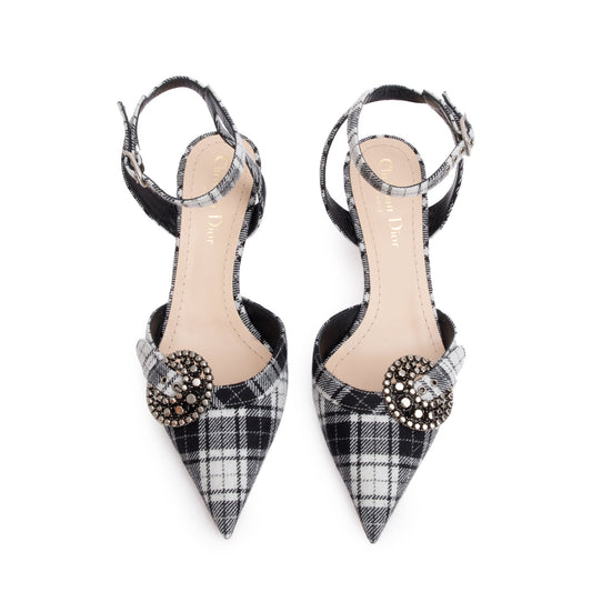 Christian Dior Black/White Tartan Fabric Dior Gang Slingback Pumps, Size 36.5
