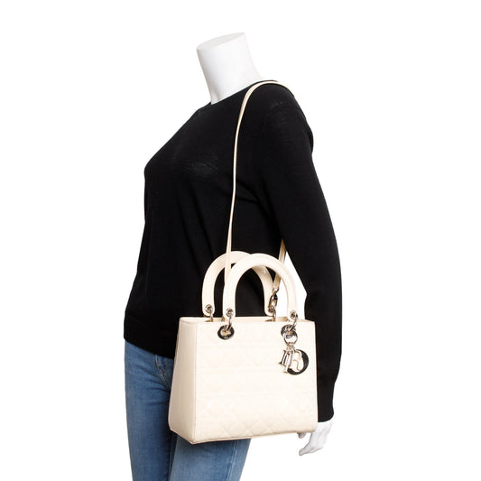 Christian Dior Creme Patent Leather Medium Lady Dior Bag