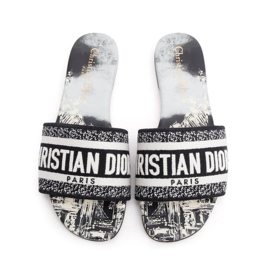 Christian Dior Navy Embroidered Cotton Dway Slide, Size 35